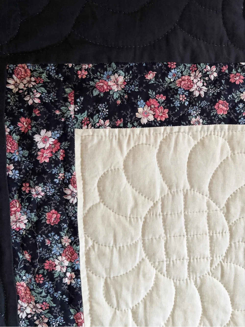 King Size Nine Patch/Irish Chain Quilt in Cream and Black Floral